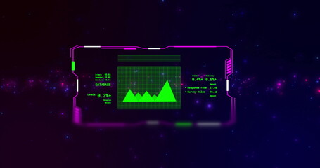 Poster - Image of interfaces with green chart processing data over coloured light spots, on black