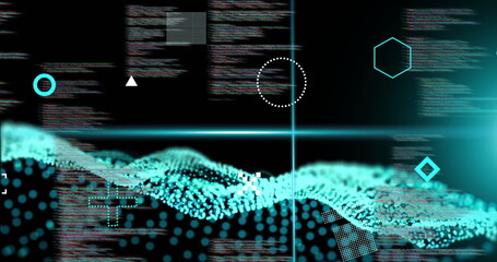 Aufkleber - Image of blue scanner beams, rotating shapes and network waves over data processing on black