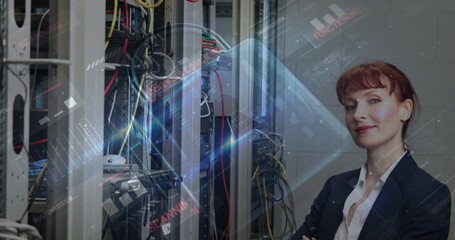 Poster - Image of padlock, data processing over computer servers and caucasian female it engineer