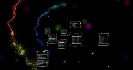 Poster - Image of interfaces processing data over colourful light trails and light spots, on black