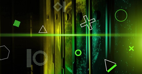 Poster - Image of rotating shapes and yellow scanner beams over dark server room