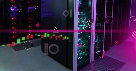 Poster - Image of pink scanner beams, rotating shapes and graph processing data over server room