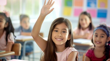 Wall Mural - A girl in a pink shirt is raising her hand in a classroom