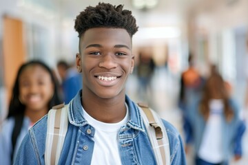 Wall Mural - A young man with a backpack and a smile on his face