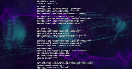 Poster - image of glitching text data processing over blue and purple network waves on dark background