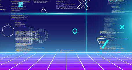 Poster - Image of rotating shapes and blue scanner beams over data processing on grid and blue background