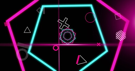 Aufkleber - Image of rotating shapes and pink and blue hexagons with pink scanner beams on black background