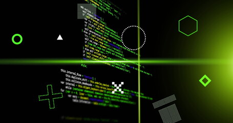 Poster - Image of rotating shapes and green scanner beams over data processing on black background