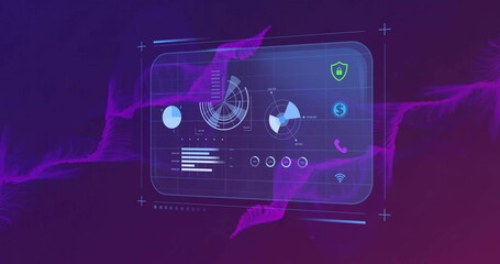 Poster - Image of financial data processing over purple shapes on black background