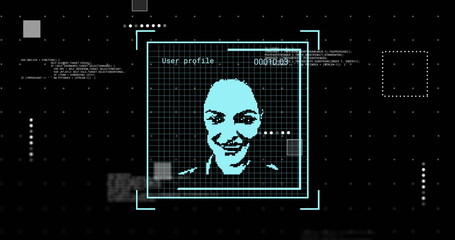 Poster - Image of biometric photo with data processing over black background