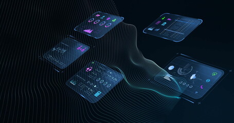 Poster - Image of financial data processing over shapes on black background