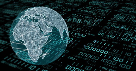 Poster - Image of globe with binary coding and data processing over dark background