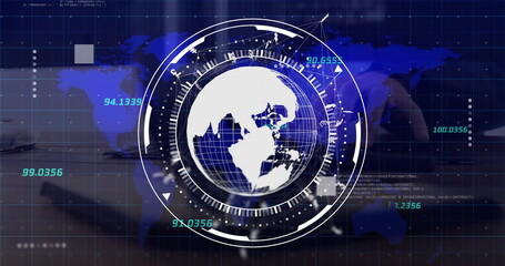 Poster - Image of globe with data processing over desk