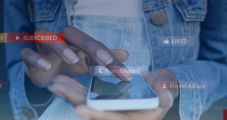 Poster - Image of social media icons floating against mid section of woman using smartphone