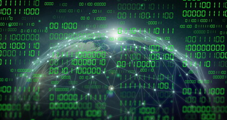 Poster - Image of globe with binary coding and data processing over dark background