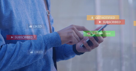 Poster - Image of social media icons floating against mid section of man using smartphone