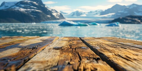 Wall Mural - The close up picture of the empty table that has made from the wood material and placed near lake and mountain, the river is a natural flowing watercourse that moves water from place to place. AIGX02.