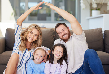 Poster - Family, portrait and home with security, protection and safety from insurance with parents and kids. Hands together, roof and smile with happy people, love and support in living room with unity sign