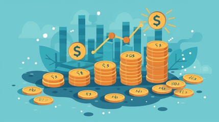 Poster - Gold Coins Stacked Up in Bar Graph with Sun Icon for Financial Growth.