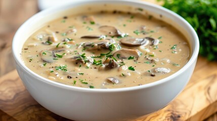 Poster - Creamy mushroom soup served in a white bowl on a wooden surface