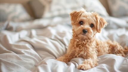 Poster - Adorable Maltipoo dog on cozy bed room for text Charming companion