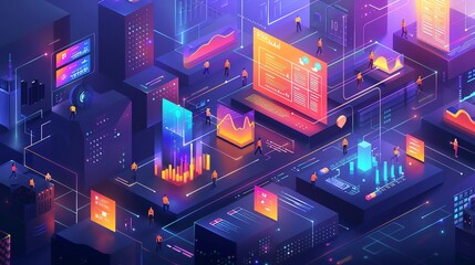 Fototapete - Futuristic Cityscape with Data and People.