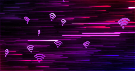 Poster - Image of wifi icons over light trails on black background