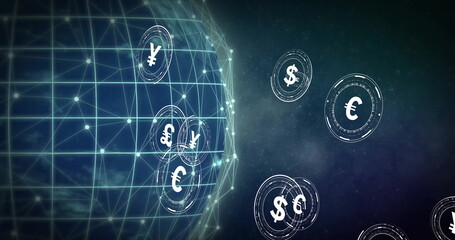 Poster - image of globe of connections with currency symbols over spots on black background