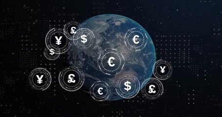 Poster - image of globe with currency symbols over spots on black background