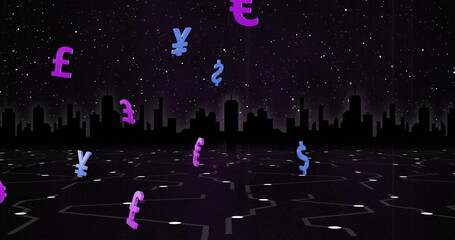 Sticker - Image of currency symbols over cityscape on black background