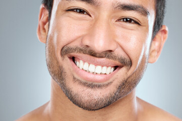 Poster - Beauty, portrait and teeth of masculine man in studio on gray background for cosmetic wellness. Mouth, dental hygiene and oral care with face of happy person at dentist for cleaning or hygiene