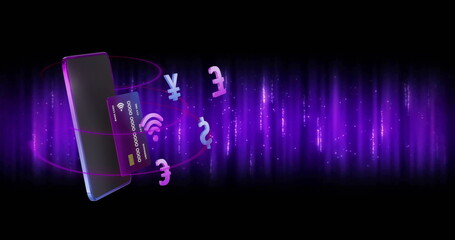 Poster - Image of smartphone and credit card with currency icons over light trails on black background