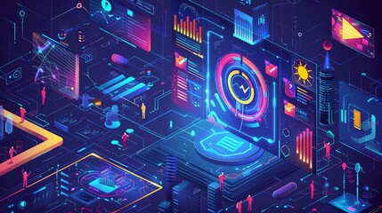 Fototapete - Futuristic digital network with data and information visualization.