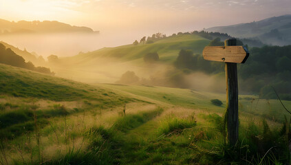 Scenic sunrise over misty rolling hills with a wooden signpost in the foreground. Perfect for nature and landscape enthusiasts.