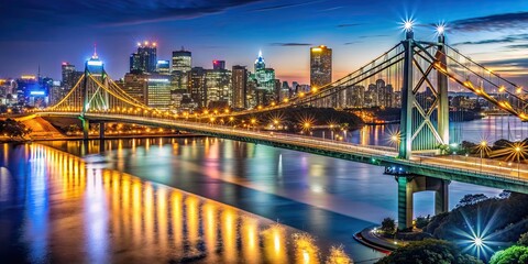 Poster - Nighttime view of a illuminated bridge spanning over a city skyline at night , City lights, urban, reflection