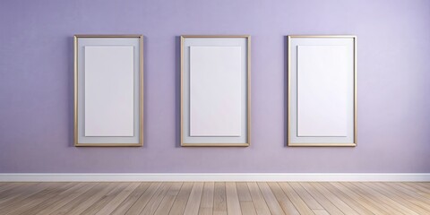 Poster - Modern minimalist gallery wall with three large blank frames on a light lavender background, evenly lit, rendering