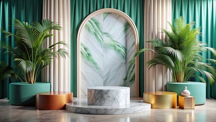 Canvas Print - Luxury tropical marble podium with colorful shapes and elegant curtains for product showcase, luxury, tropical, marble