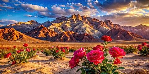 Canvas Print - Desert landscape with stunning mountains in the background and vibrant roses in the foreground, desert, mountains, roses