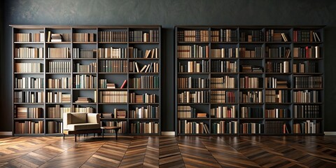 Poster - Dark black library wall with many books, empty wooden floor , library, black, dark, wall, books, wooden, floor, empty