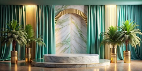 Canvas Print - Luxury tropical marble podium with elegant curtains, geometric shapes, and colorful background , luxury, tropical, marble