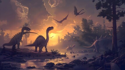 Wall Mural - Illustration of Various Dinosaurs in a Prehistoric Setting