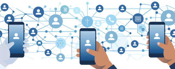 Poster - A group of people are holding cell phones and the phones are connected to a network. The network is made up of many different icons, including a shopping cart, a phone, and a light