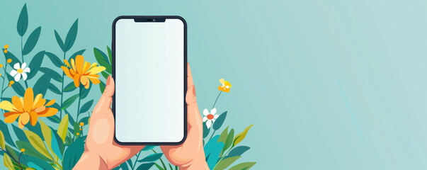 Poster - A person holding a tablet with a flower background. The tablet is empty and the background is filled with flowers