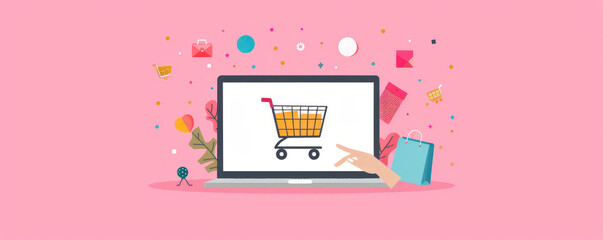 Poster - A shopping cart is displayed on a laptop screen. The image is colorful and lively, with a pink background. The shopping cart is pointing to a specific item, possibly a product or a website