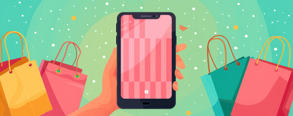 Poster - A hand holding a cell phone next to a shopping bag. Concept of shopping and the use of technology in the process
