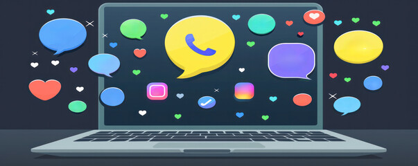 Poster - A laptop screen shows a bunch of different chat bubbles, including a yellow one with a phone icon and a heart