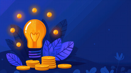 Poster - A blue background with a light bulb and coins. Concept of wealth and prosperity