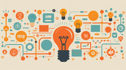 Wall Mural - A colorful image of a light bulb with a bunch of other icons surrounding it. Concept of innovation and creativity, as the light bulb is often associated with new ideas and breakthroughs