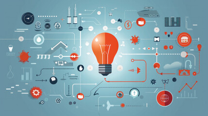 Poster - A colorful image of a light bulb surrounded by various symbols and shapes. Concept of creativity and innovation, as the light bulb is often associated with new ideas and inspiration