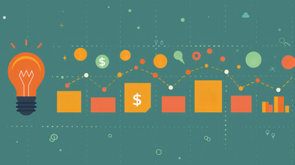 Poster - A graphic of a light bulb with a dollar sign next to it. The light bulb is surrounded by a series of dollar signs and other shapes. Concept of financial success
